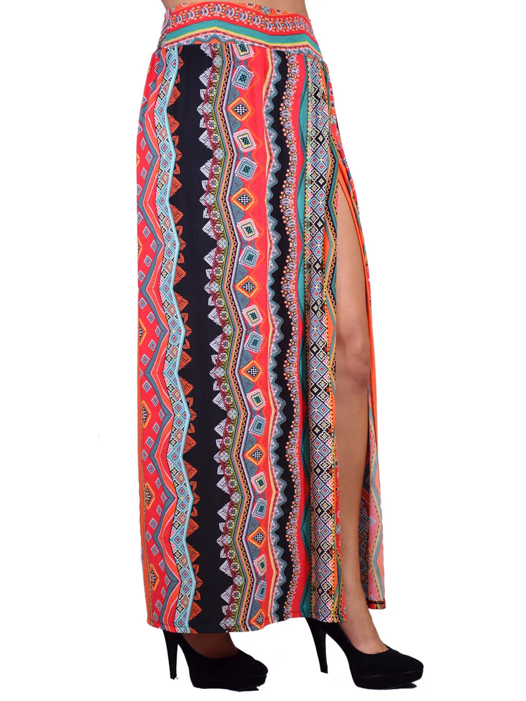 Anna-Kaci Edgy Bold Abstract Pattern High Side Slit Knit Long Maxi Skirt