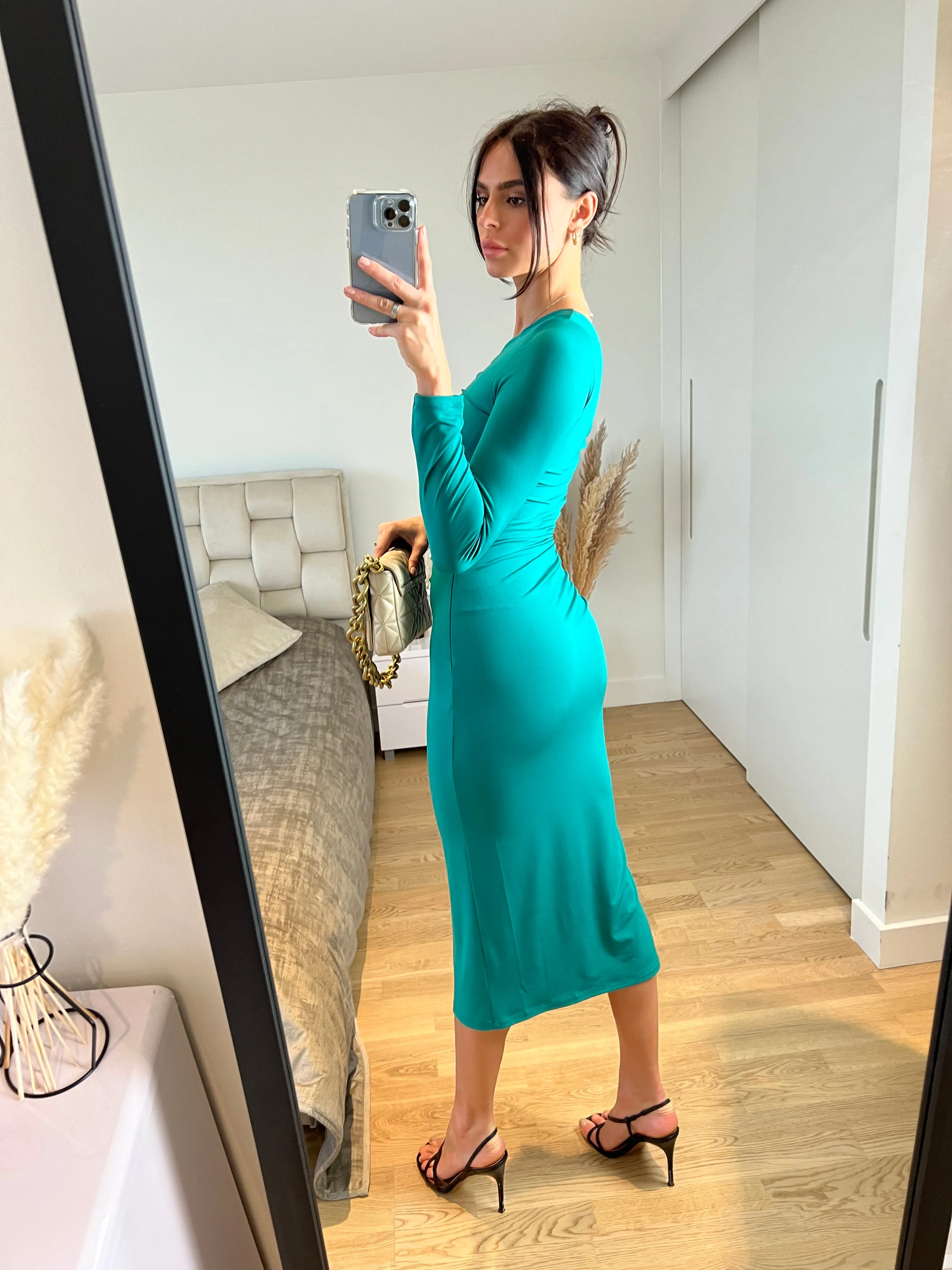 Emerald Elegance One-Shoulder Midi Dress