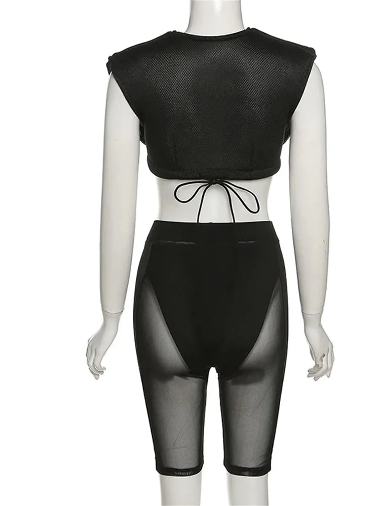 MB FASHION Padded Shoulder Crop Top & Sheer Panel High-Waist Shorts Set 3755T