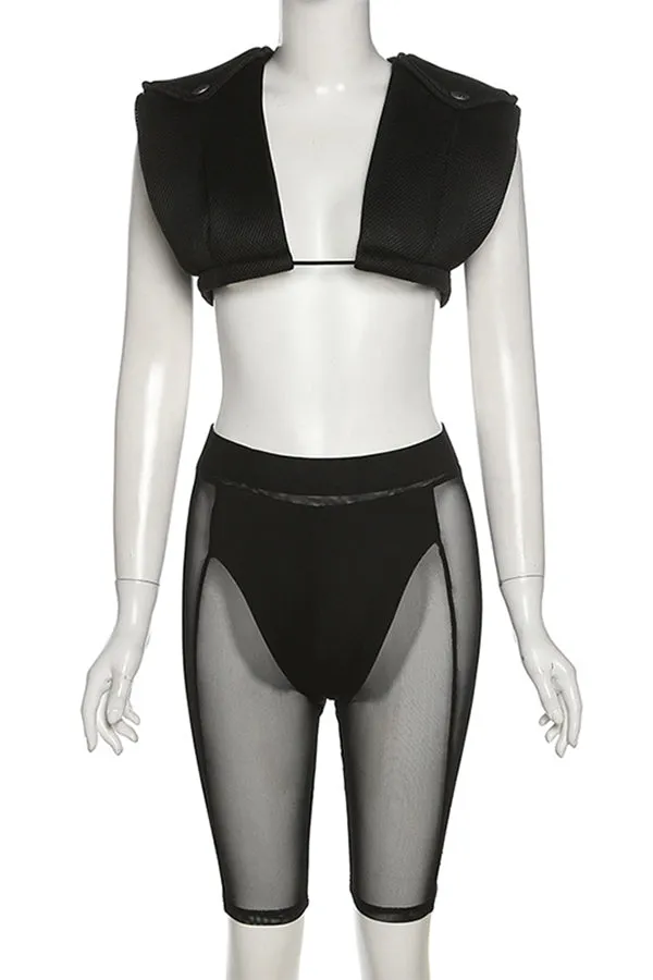 MB FASHION Padded Shoulder Crop Top & Sheer Panel High-Waist Shorts Set 3755T