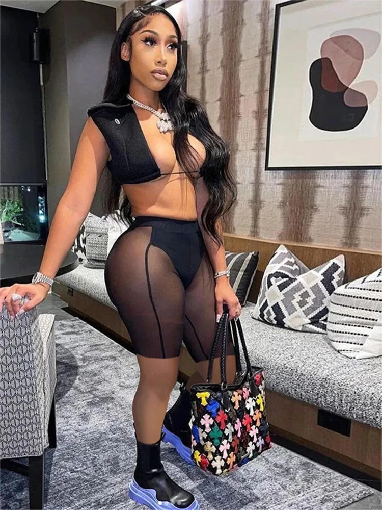 MB FASHION Padded Shoulder Crop Top & Sheer Panel High-Waist Shorts Set 3755T