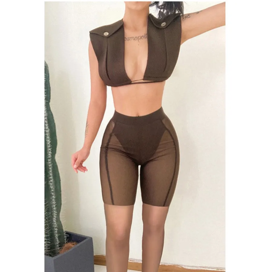 MB FASHION Padded Shoulder Crop Top & Sheer Panel High-Waist Shorts Set 3755T