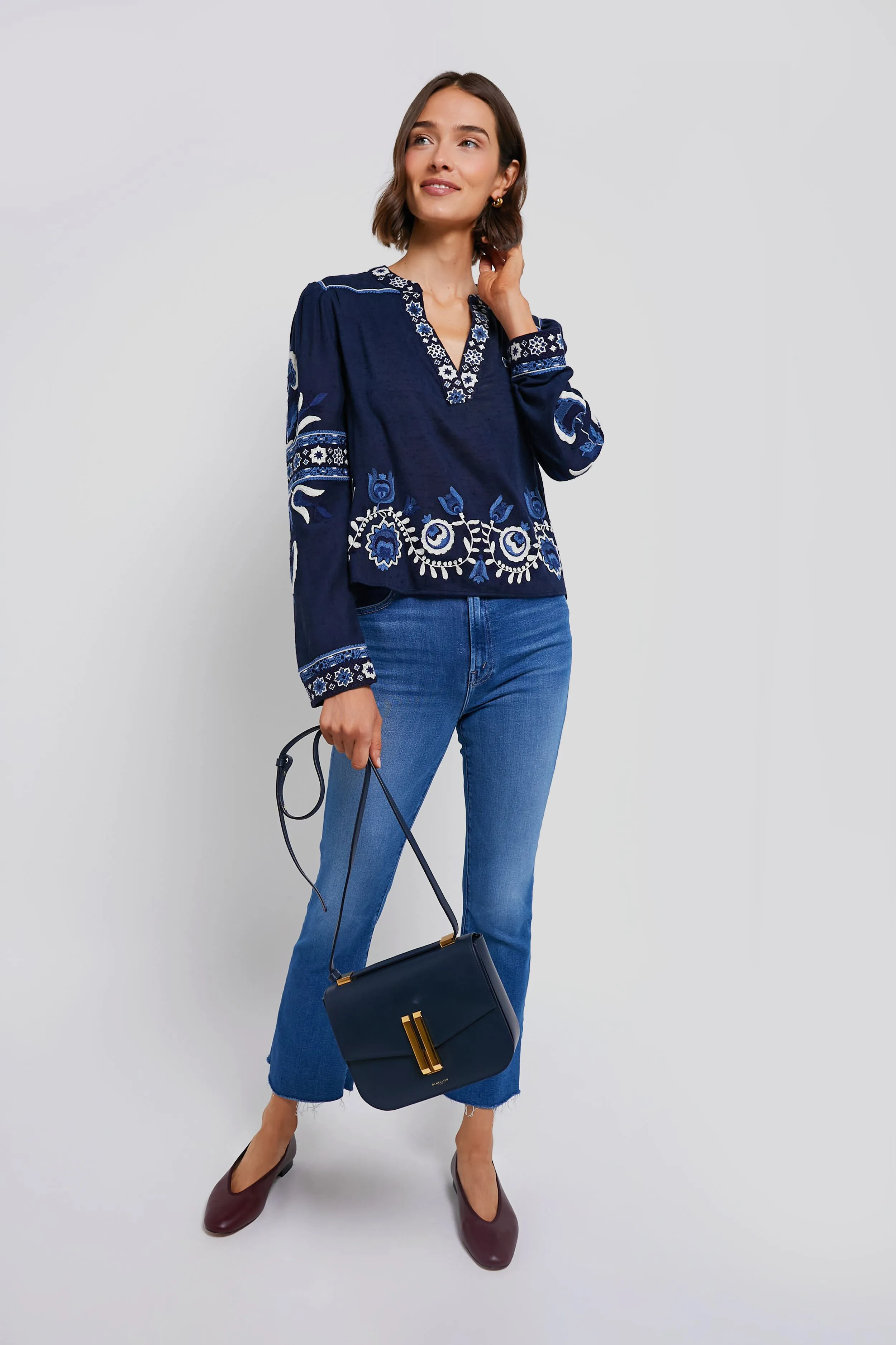 Navy Inga Embroidery Longsleeve Top