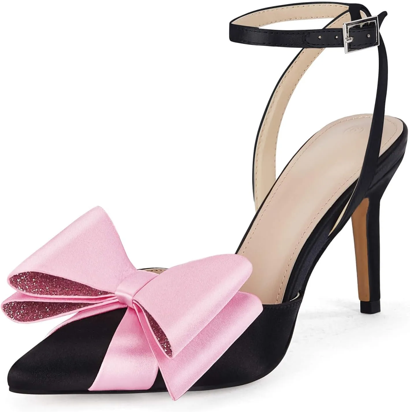 Rhinestone Black Double Bow Ankle Strap Stiletto Heels
