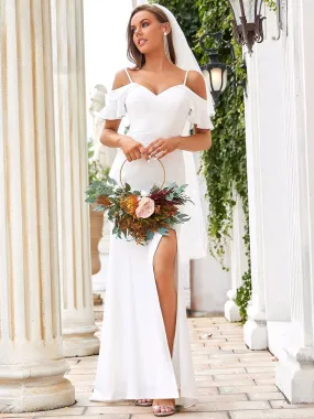 V-Neck Long Wedding Dresses with Ruffle Sleeves